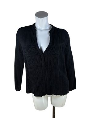 Zara Made in Turkey Black Textured Notch-Neck V-Neck Long Sleeve Blouse in Small